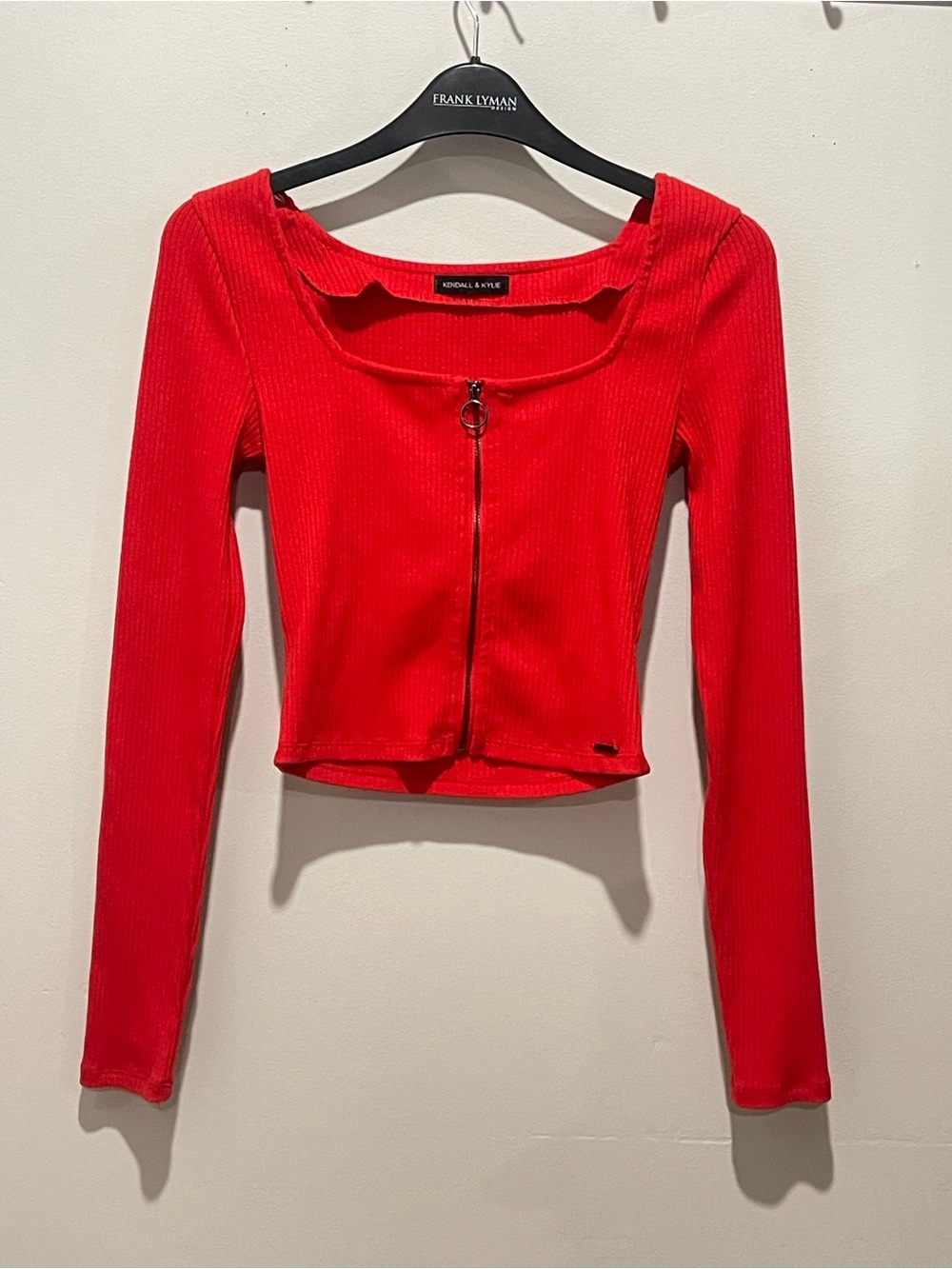 Kendall & Kylie Bright Red Ribbed Zip-Front Long Sleeve Top